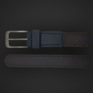 Dark leather belt with metal buckle